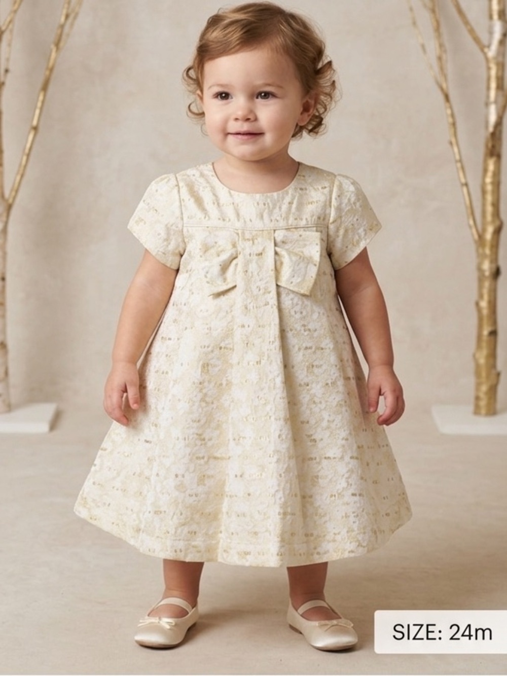 NWT Blueberi Boulevard Baby Girl Ivory & Gold Double Lined Dress Holiday - Picture 1 of 8
